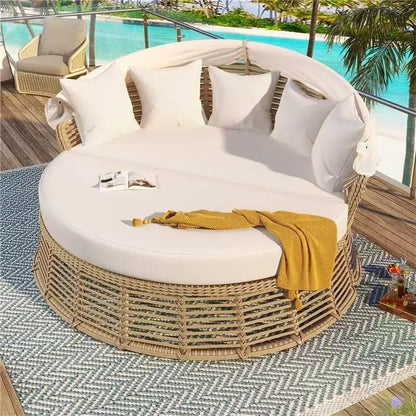 Outdoor Rattan Wicker Round Daybed with Retractable Canopy and Removable Cushions for Pool side Sunbed or Patio