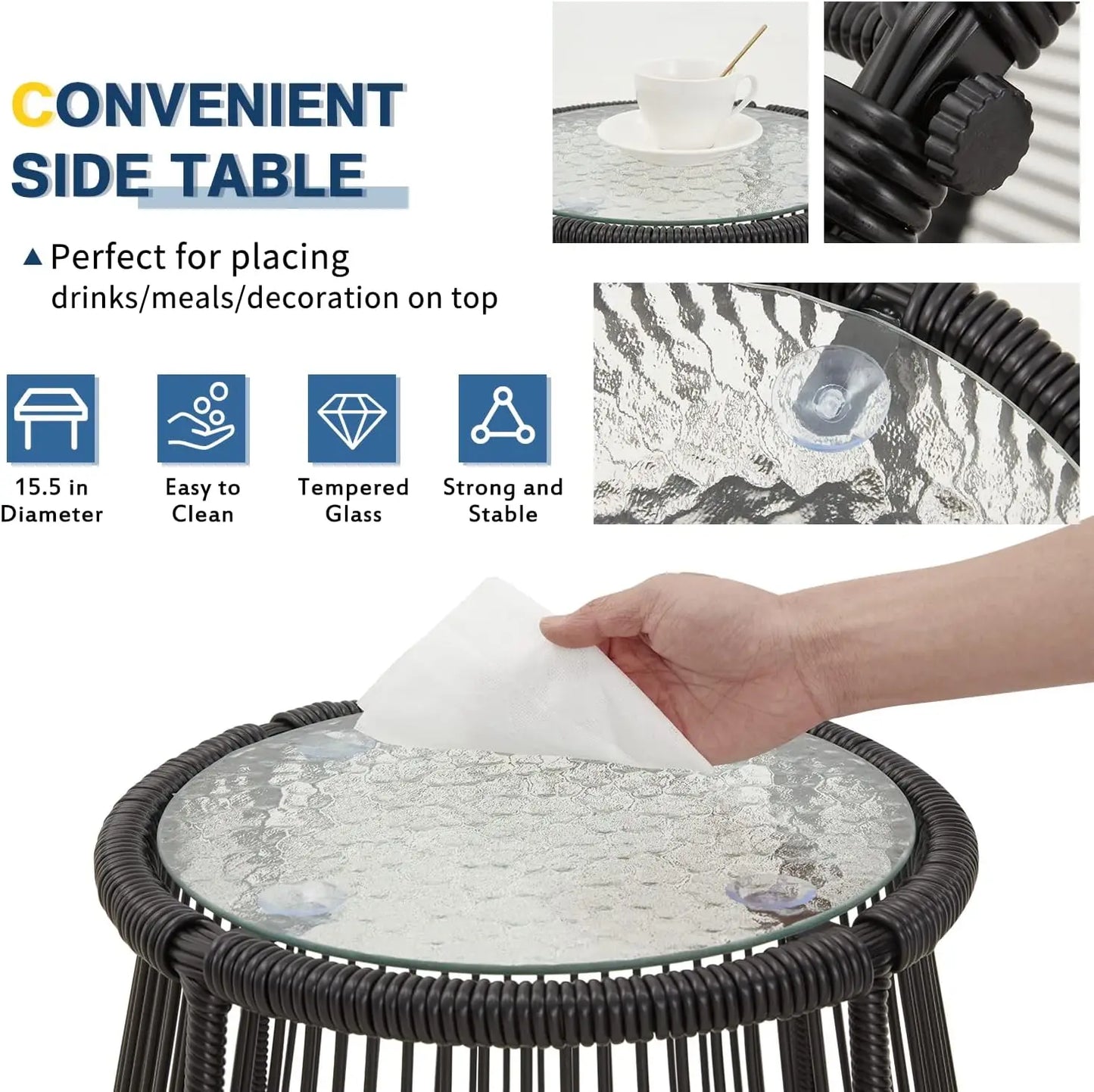 3 Piece Patio Conversation L-Shaped Sectional Sofa Set with Thick Cushions and Toughened Glass Coffee Table