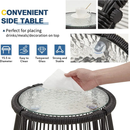 3 Piece Patio Conversation L-Shaped Sectional Sofa Set with Thick Cushions and Toughened Glass Coffee Table