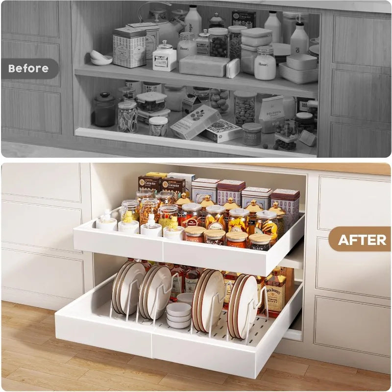 21" Deep Framed 4 Pack Pull Out Cabinet Organizer With Raising Pad, Expandable Slide Out Drawers For Kitchen