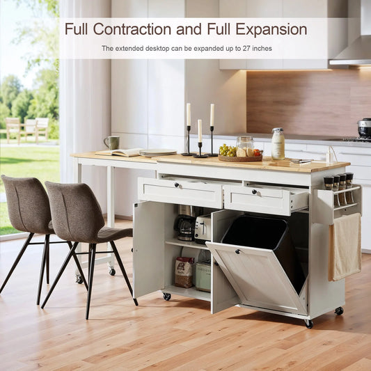81.7" Mobile Kitchen Storage Islands with Extendable Dining Table, Rolling Kitchen Cart with Power Outlet, Trash Cabinet