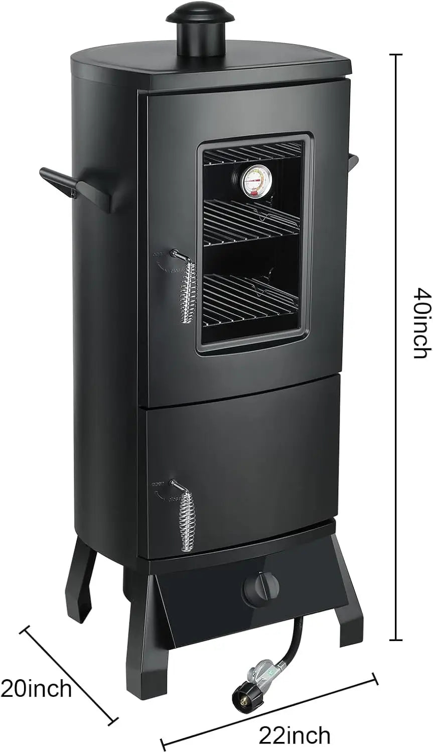 Heavy Duty  Vertical Propane Smoker Grill with Cover, Temperature Control and  Three Removable Shelves.