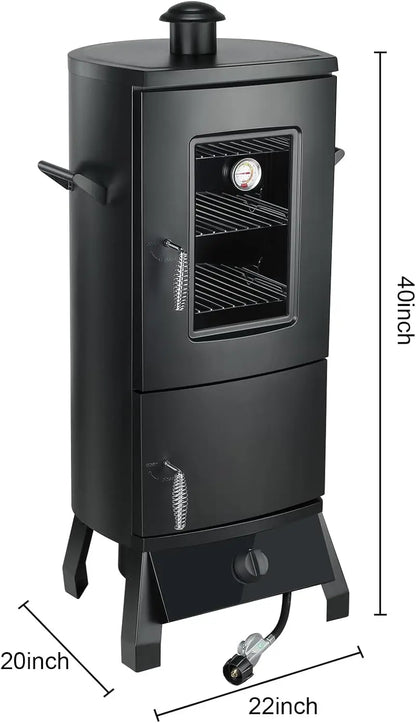 Heavy Duty  Vertical Propane Smoker Grill with Cover, Temperature Control and  Three Removable Shelves.