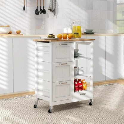 Kitchen Island Utility Lockable Cart on Wheels w/Storage, Rubber Wood Top, 2 Removable Shelves & Removable Tray, 3 Drawers