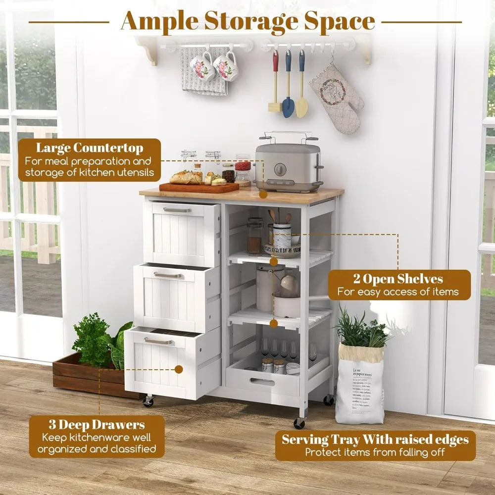 Kitchen Island Utility Lockable Cart on Wheels w/Storage, Rubber Wood Top, 2 Removable Shelves & Removable Tray, 3 Drawers