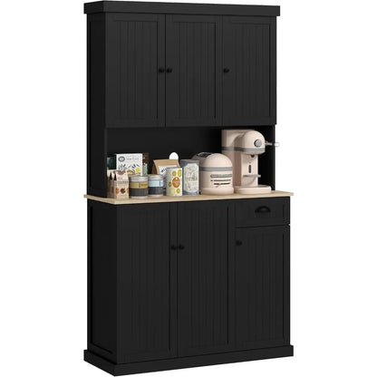 71" Modern Farmhouse Buffet Kitchen Pantry Storage Cabinet with Microwave Oven Countertop, Drawers and Hutch