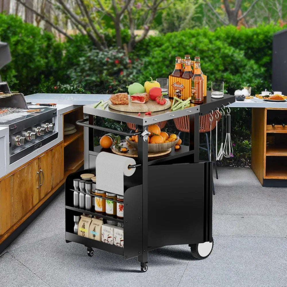 Outdoor Grill Cart with Storage, Movable Modular BBQ Cart, Waterproof Patio Kitchen Island with Hooks and Spice Rack