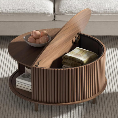 Modern Mid Century Round Coffee Table with Storage and Sliding Cabinet Door for the Living Room Home Center