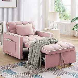 3 in 1 Modern Velvet Pull Out Convertible Small Tufted Single Sleeper Chair Bed,  with Adjustable Backrest.
