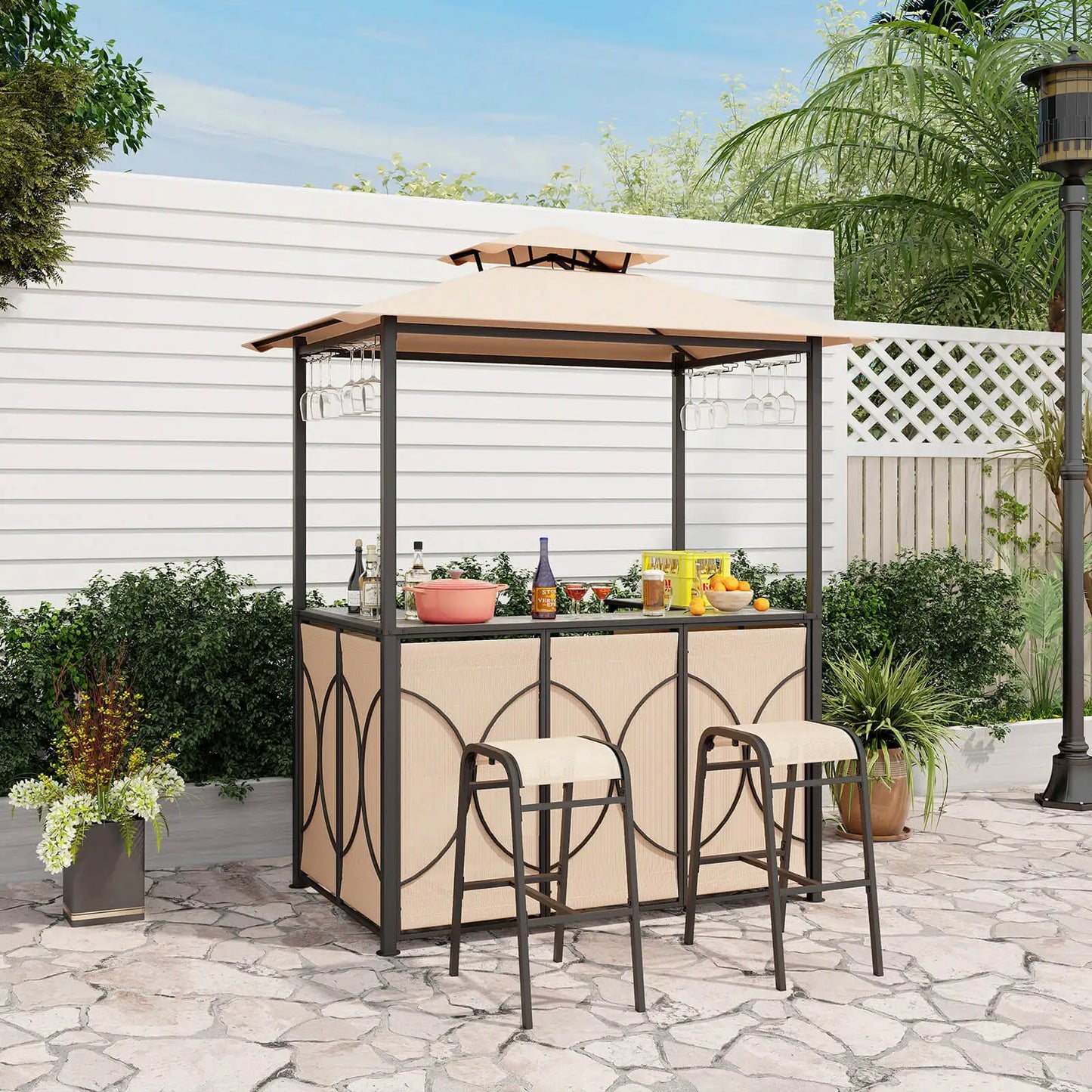 3 PCS Metal Tempered Glass Patio Bar Set with Metal Storage Shelves for Garden Brown