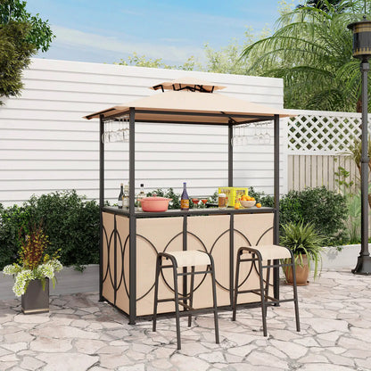 3 PCS Metal Tempered Glass Patio Bar Set with Metal Storage Shelves for Garden Brown