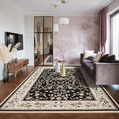 Washable Vintage Floral Print Soft Low Pile Non-Slip Rugs for Living Room and Bedroom