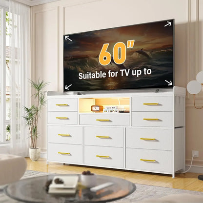 60" Long Dresser TV Stand with 11 Drawers, LED Lights, Charging Station for Bedroom