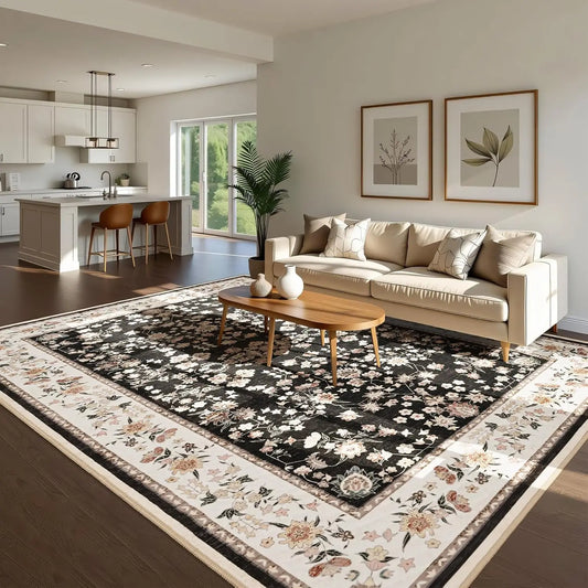 Washable Vintage Floral Print Soft Low Pile Non-Slip Rugs for Living Room and Bedroom