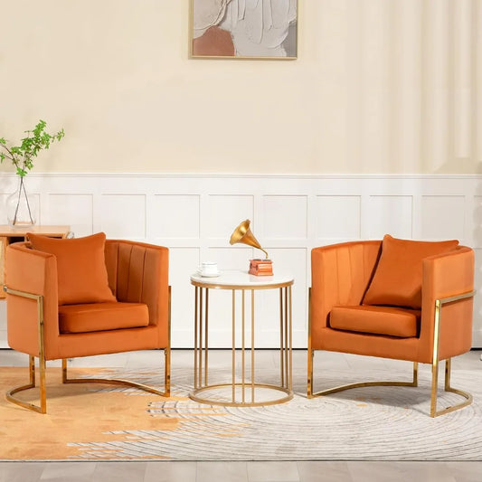 Velvet Modern Accent Chairs Set of 2, Upholstered Barrel Armchair Mid Century with Pillow for Living Room, Comfy Single Vanity C
