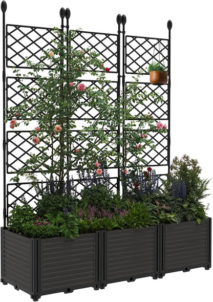 5.25FT Tall Plastic Raised Garden Planter Bed  with Trellis Rack and Drainage for Outdoor Balcony, Patio, Flower, and Vegetable Planting