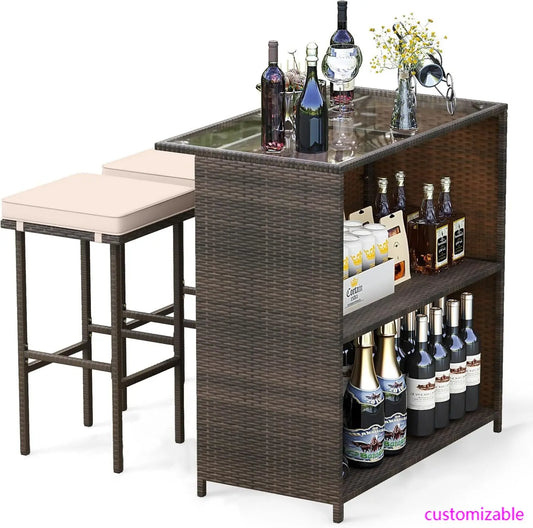 3 Piece Outdoor Rattan Patio Bar and 2 Stools with Tempered Glass Tabletop and Removable Cushions