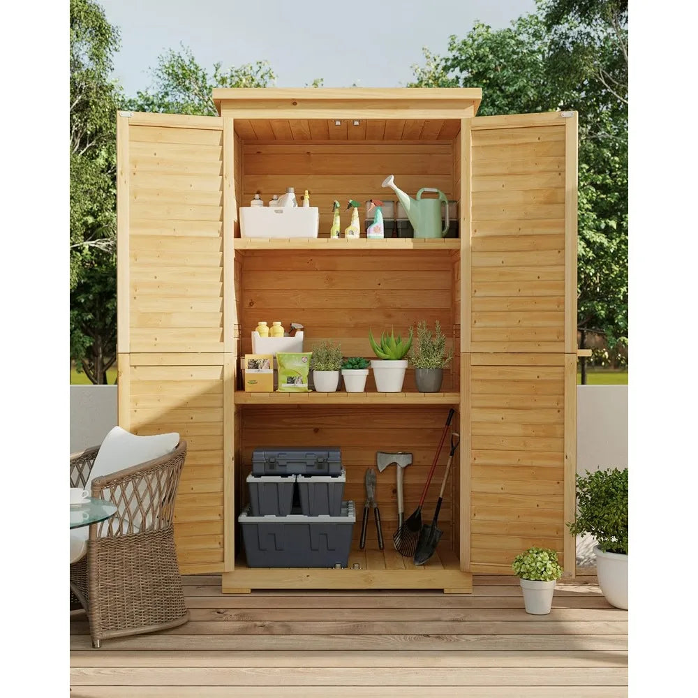 Vertical Tall Wooden Garden Storage Cabinet with 3 Shelves, Double Lock and Waterproof Roof.