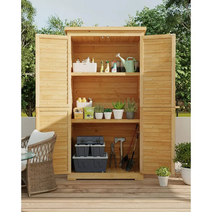 Vertical Tall Wooden Garden Storage Cabinet with 3 Shelves, Double Lock and Waterproof Roof.