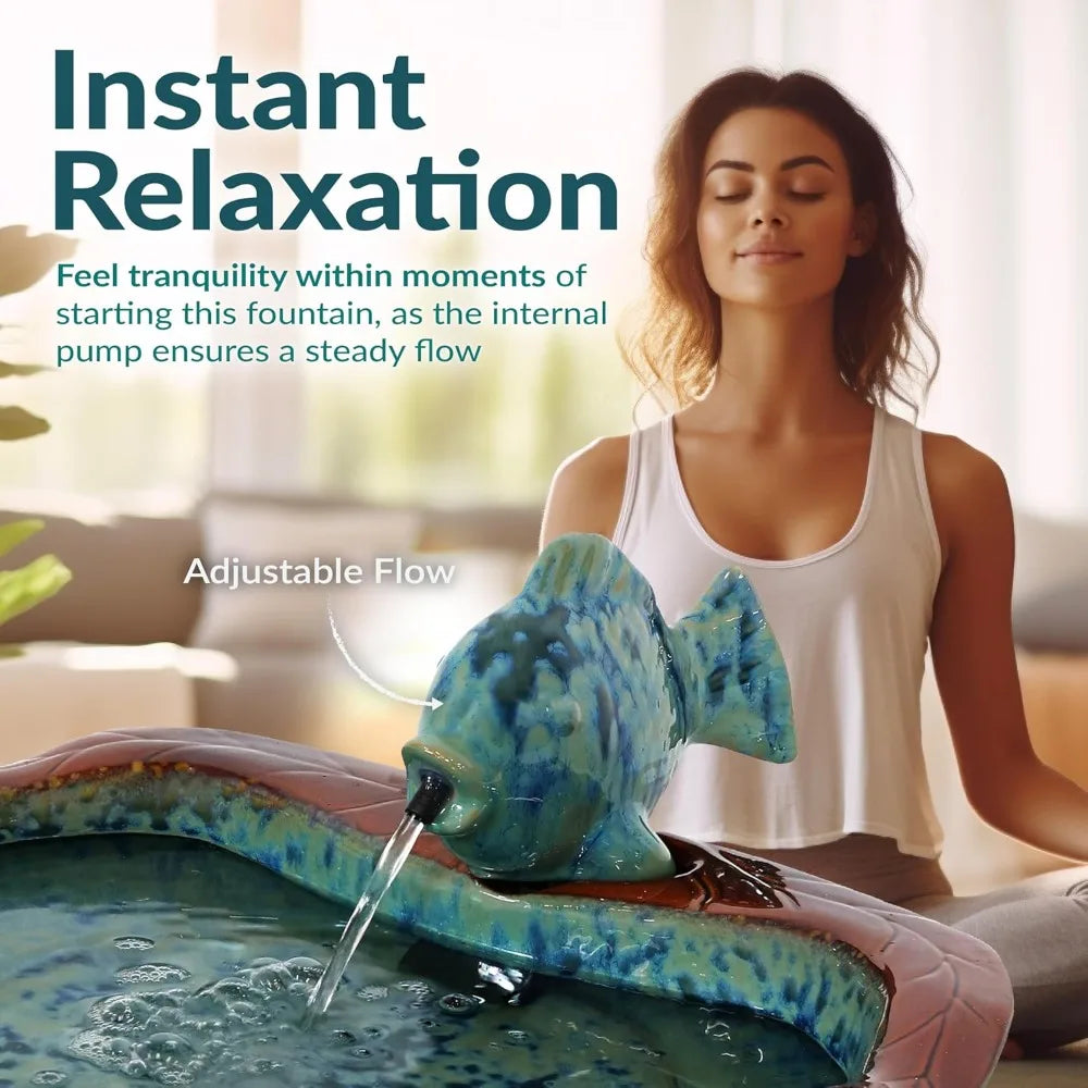 7-Inch Outdoor Glazed Ceramic Fish Garden Fountain Tabletop for Patio, Deck, Garden - Aqua and Brown