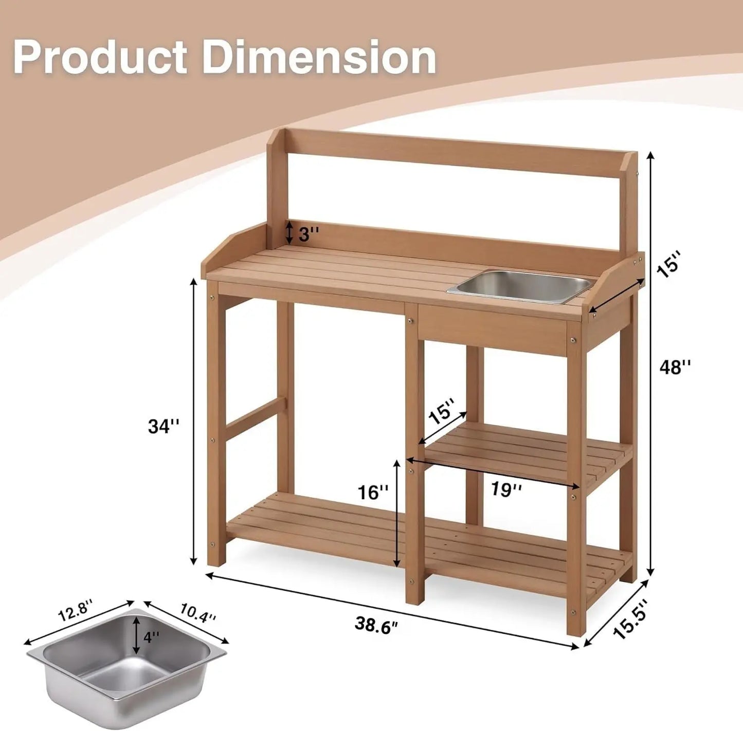 All Weather Poly Lumber Garden Work Bench with Removable Stainless Steel Sink and Open Shelves,
