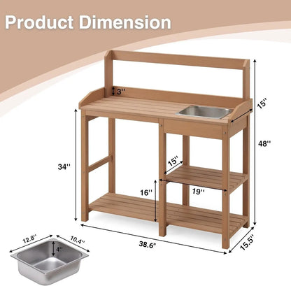 All Weather Poly Lumber Garden Work Bench with Removable Stainless Steel Sink and Open Shelves,