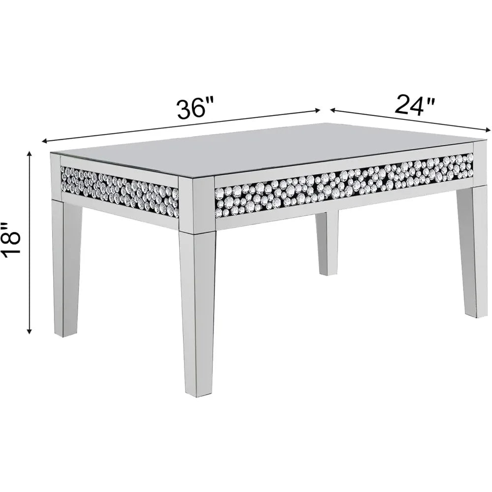 Mirrored Coffee Table, Silver Living Room Table with Cryatal Diamond Inlay, Modern Luxury Mirrored Furniture Tea Table