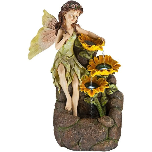26" High Outdoor Garden Fairy with Sunflowers, Cascading Water, LED Lights for Garden, Patio, Backyard, Deck, and Home