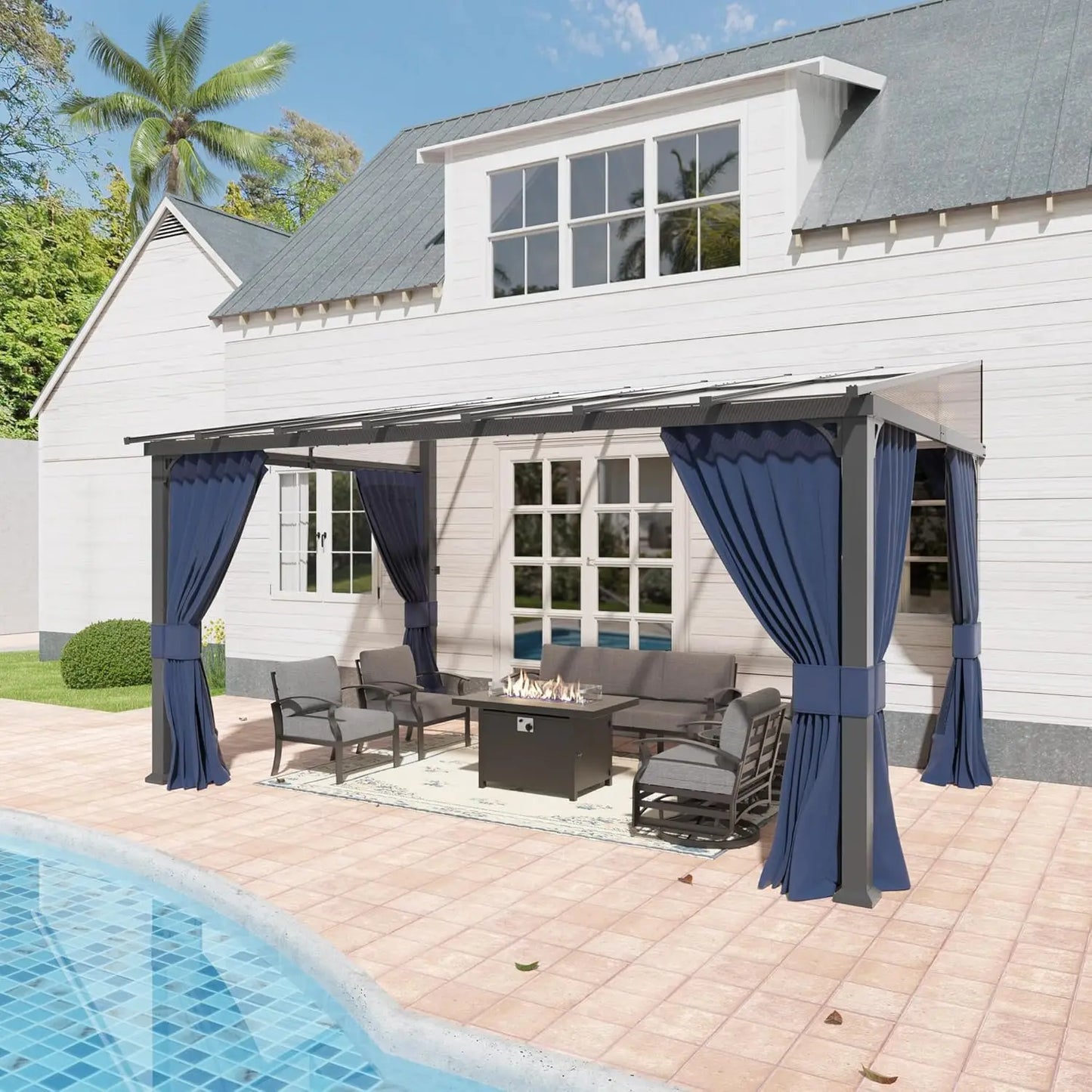 12'x16' Hardtop Galvanized Steel Metal Double Roof Gazebo with Curtains and Netting for Patios, Gardens, Navy and Blue