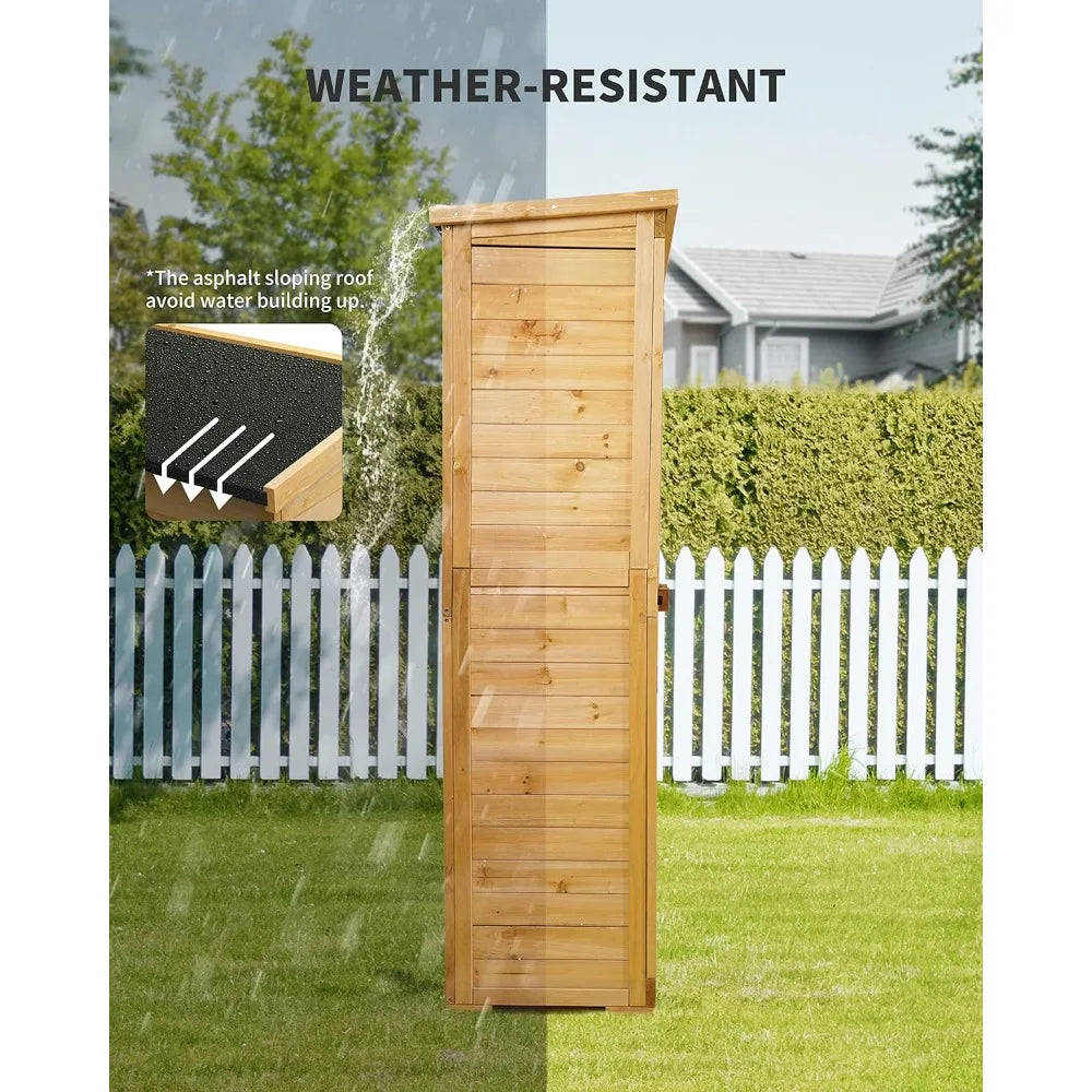Vertical Tall Wooden Garden Storage Cabinet with 3 Shelves, Double Lock and Waterproof Roof.