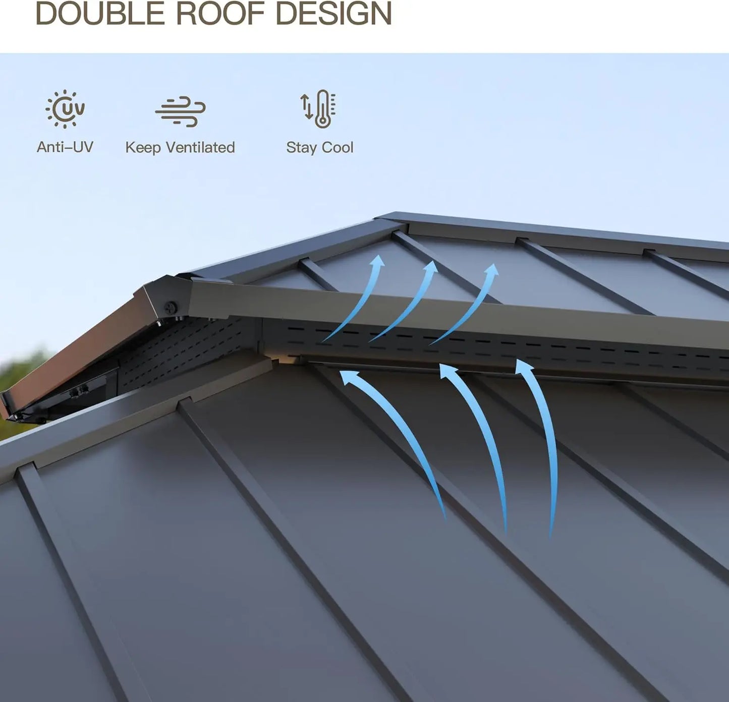 12'x16' Hardtop Galvanized Steel Metal Double Roof Gazebo with Curtains and Netting for Patios, Gardens, Navy and Blue