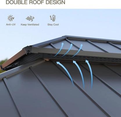 12'x16' Hardtop Galvanized Steel Metal Double Roof Gazebo with Curtains and Netting for Patios, Gardens, Navy and Blue