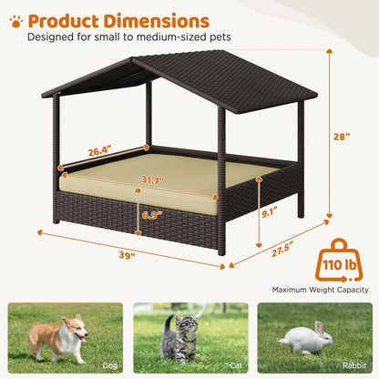 Outdoor/Indoor Wicker Elevated Shade Canopy Dog Bed with Cushion for Small/Medium Dogs .