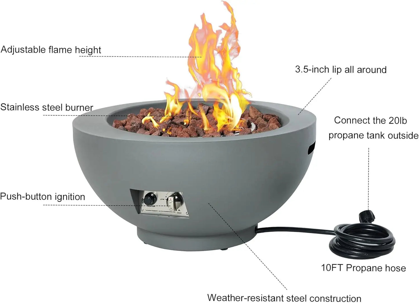 28-Inch Gas Fire Pit with Propane Tank Cover, 50,000 BTU Round Table, Pre-Attached 10FT Propane Hose, Gray