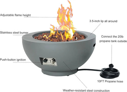 28-Inch Gas Fire Pit with Propane Tank Cover, 50,000 BTU Round Table, Pre-Attached 10FT Propane Hose, Gray