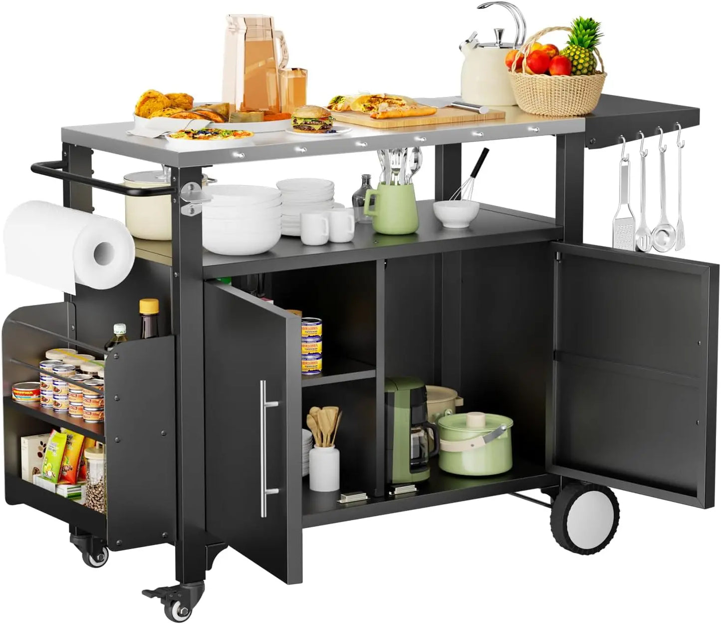 Outdoor Weatherproof Grill Cart Storage and Spice Rack Patio Kitchen Island with Wheels, Hooks .