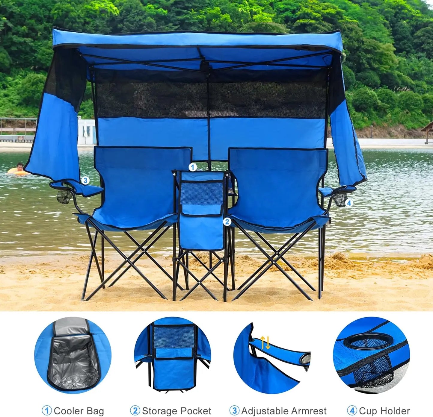 Heavy Duty Canopy Shade Chair with Cup Holders for Outside