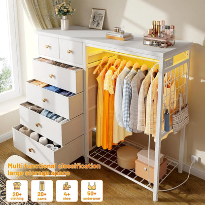 49.2" W White 6 Drawer Dresser for Bedroom with Hanging Rack, LED Lights & Charging Station, Fabric Dressers