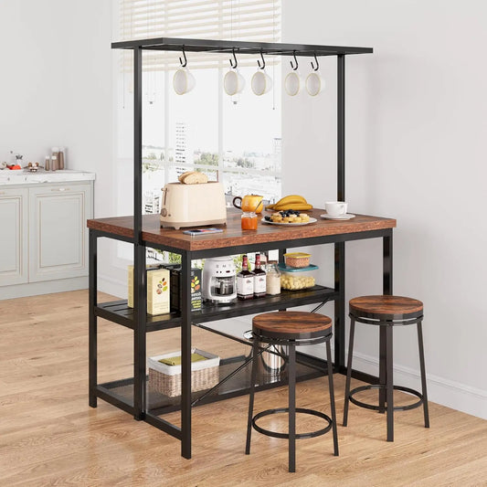 42" Kitchen Island 3 Tier Bakers Rack Storage & Seating with Microwave Stand, Dining Table for 4, 5 Hooks & 50lb Capacity