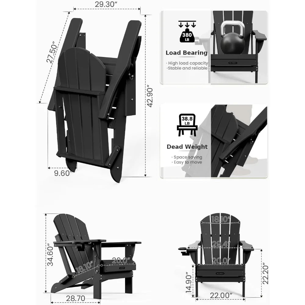 Folding Adirondack Outdoor Patio Weather Resistant Chair for Patio, Outside, Deck, Backyard