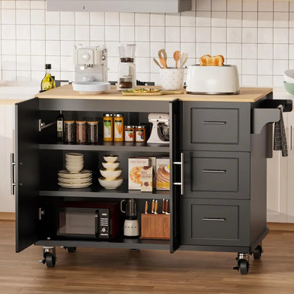 54" Large Rolling Kitchen Island Cart On Wheels with Drop Leaf 3 Drawers 1 Cabinet, Spice and Towel Rack Mobile Kitchen