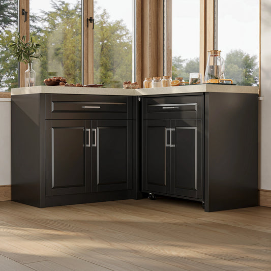 Modern L-Shaped 4-door pantry cabinet with 2 drawers and spacious countertop, black