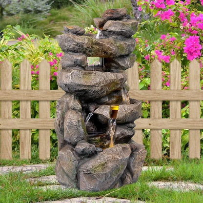 5 Tier 31.5"H Rustic Rock Freestanding Outdoor Floor Waterfall Fountain with Cascading Streams & LED Lights
