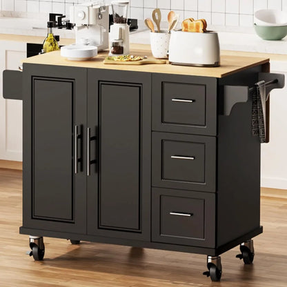 54" Large Rolling Kitchen Island Cart On Wheels with Drop Leaf 3 Drawers 1 Cabinet, Spice and Towel Rack Mobile Kitchen