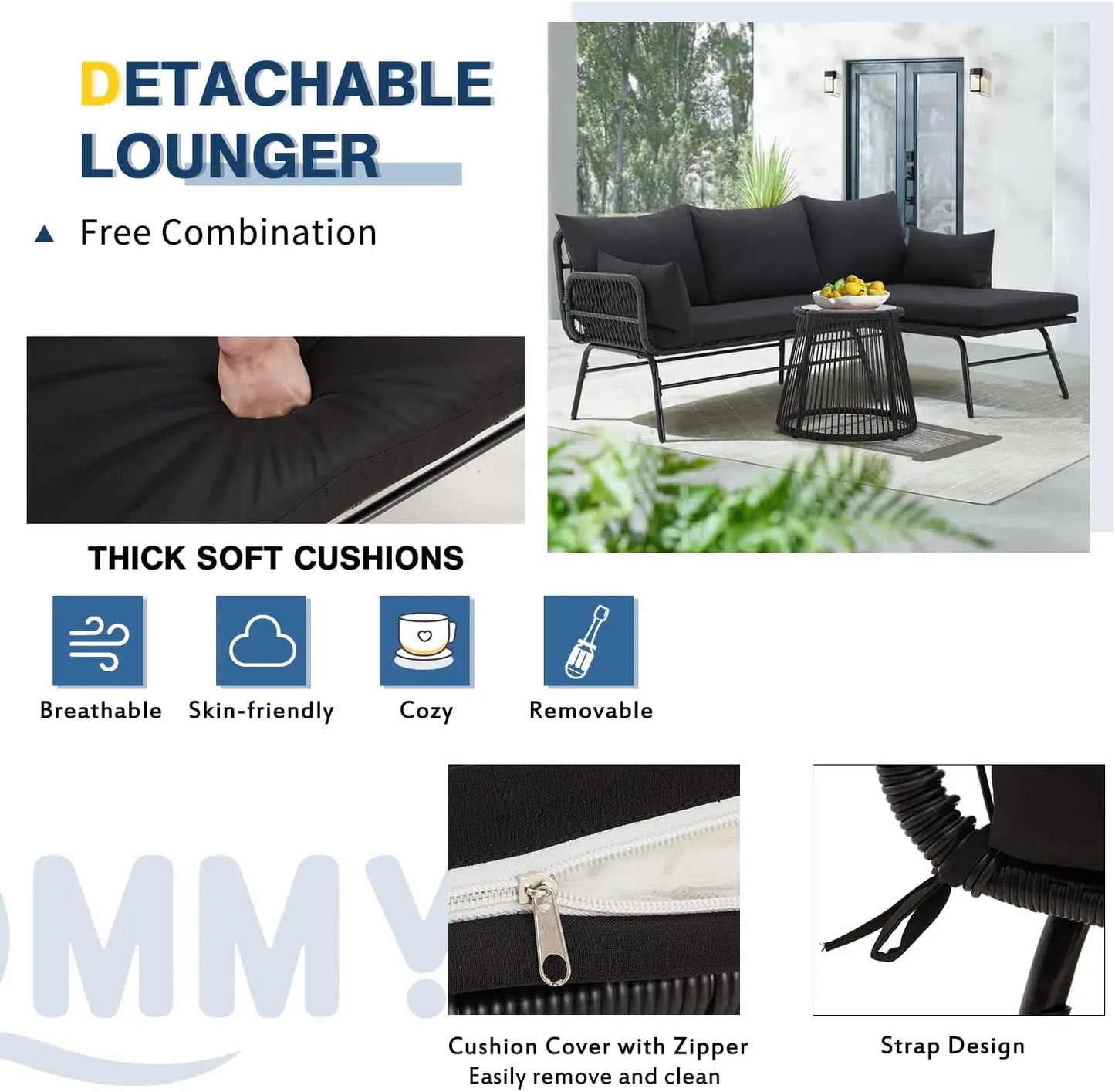 3 Piece Patio Conversation L-Shaped Sectional Sofa Set with Thick Cushions and Toughened Glass Coffee Table