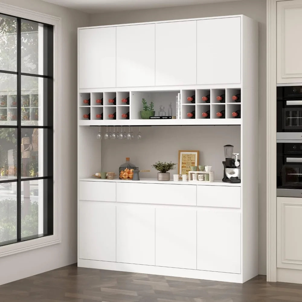 Large Kitchen Hutch Cabinet Storage Cupboard Pantry with 8 Doors, 3 Drawers, Wine Rack & Microwave Shelf, Floor Kitchen Utility