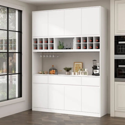 Large Kitchen Hutch Cabinet Storage Cupboard Pantry with 8 Doors, 3 Drawers, Wine Rack & Microwave Shelf, Floor Kitchen Utility