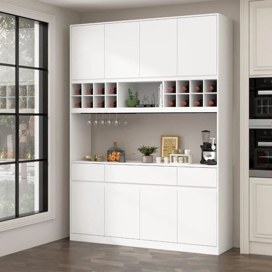 Large Kitchen Hutch Cabinet Storage Cupboard Pantry with 8 Doors, 3 Drawers, Wine Rack & Microwave Shelf, Floor Kitchen Utility