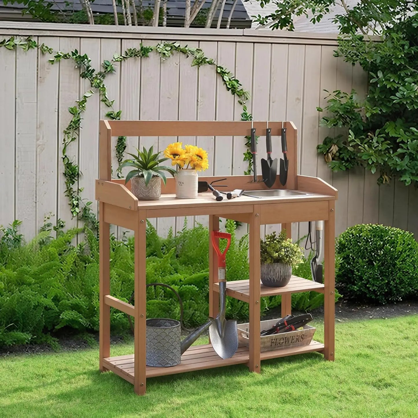All Weather Poly Lumber Garden Work Bench with Removable Stainless Steel Sink and Open Shelves,