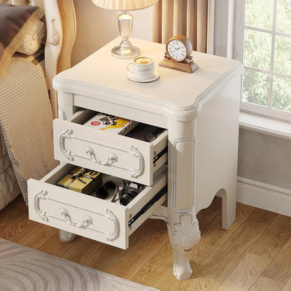 White Classic Carved Nightstand or End Tables with 2 Drawers for Bedroom